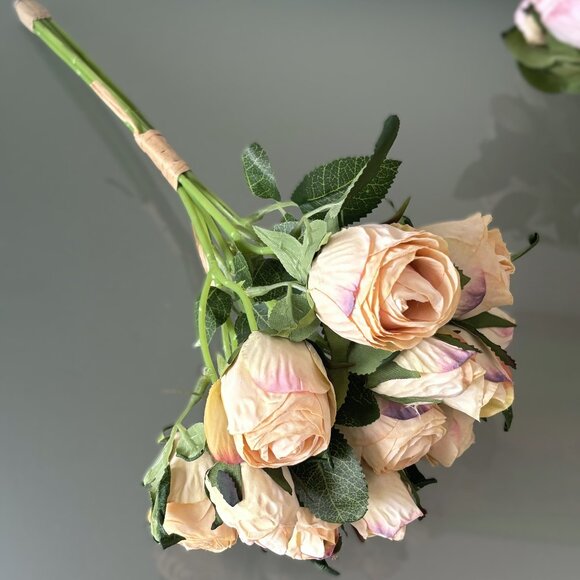 13 1/4" Cream 12 Bud Faux Artificial Roses Rosebuds Flower Bundle Bouquet New - Picture 3 of 5